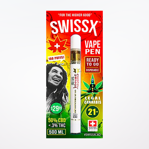 Swissx CBD Rasta Disposable Vape Pen, with Indica Terpenes (<3% THC, 50% CBD)